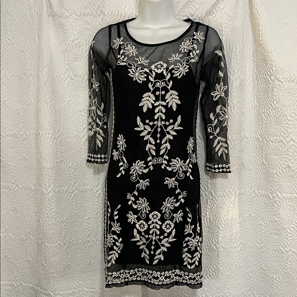 H&M Black Dress with White Floral Embroidery